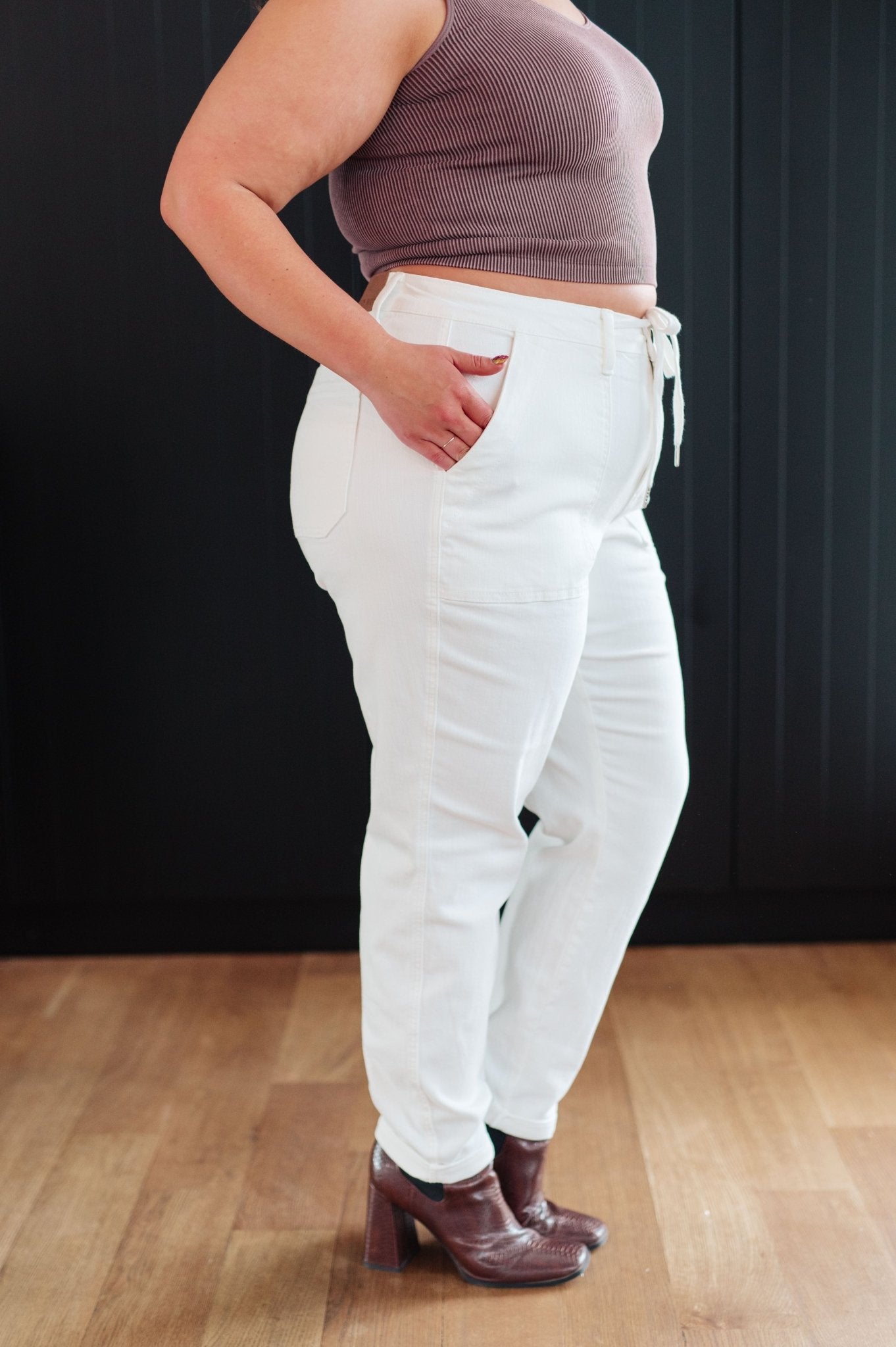 Charlene High Rise Contrast Thread Jogger in Ecru (Online Exclusive) - Uptown Boutique Ramona