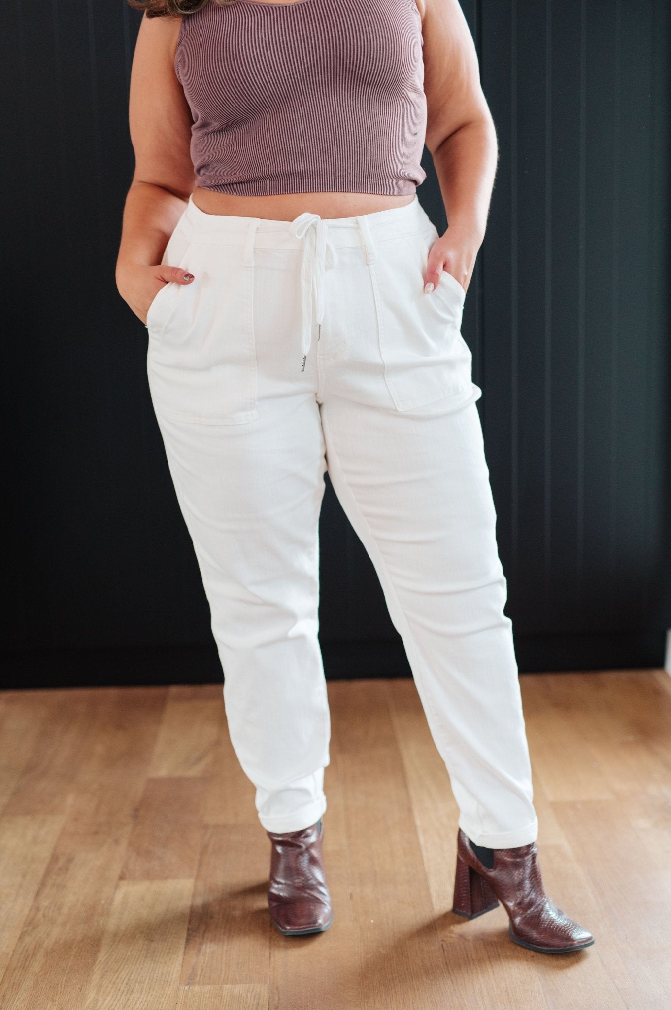 Charlene High Rise Contrast Thread Jogger in Ecru (Online Exclusive) - Uptown Boutique Ramona