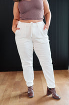 Charlene High Rise Contrast Thread Jogger in Ecru (Online Exclusive) - Uptown Boutique Ramona