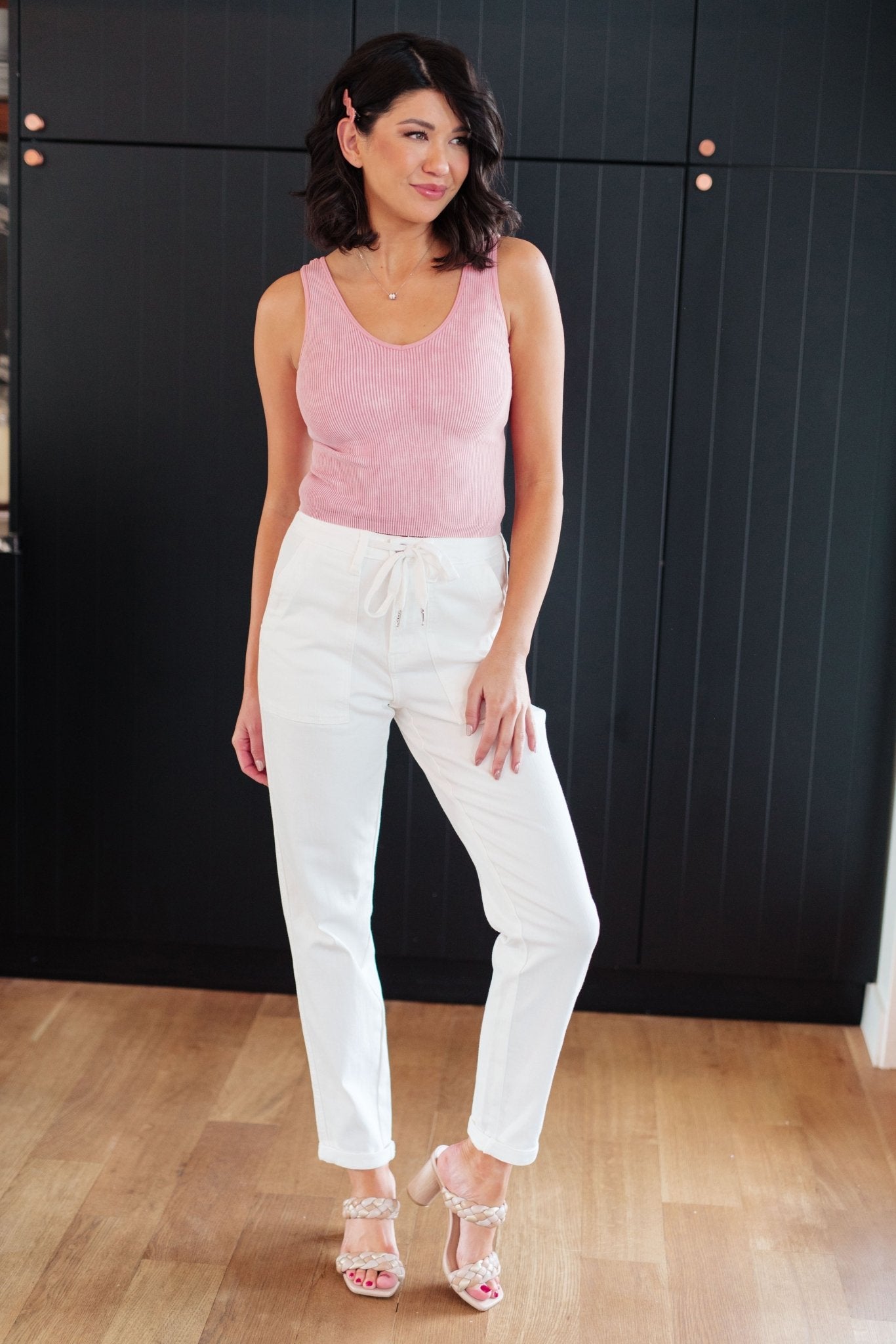 Charlene High Rise Contrast Thread Jogger in Ecru (Online Exclusive) - Uptown Boutique Ramona