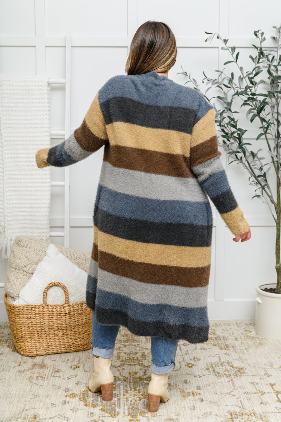 Fuzzy Longline Cardigan In Blue & Cocoa (Online Exclusive) - Uptown Boutique Ramona