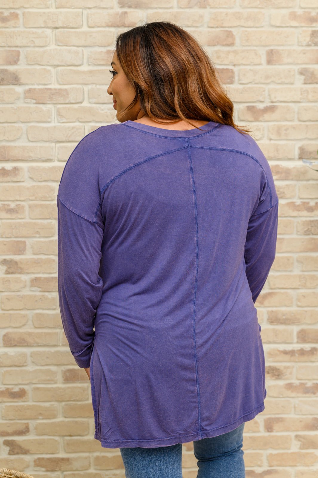 Long Sleeve Knit Top With Pocket In Denim Blue (Online Exclusive) - Uptown Boutique Ramona