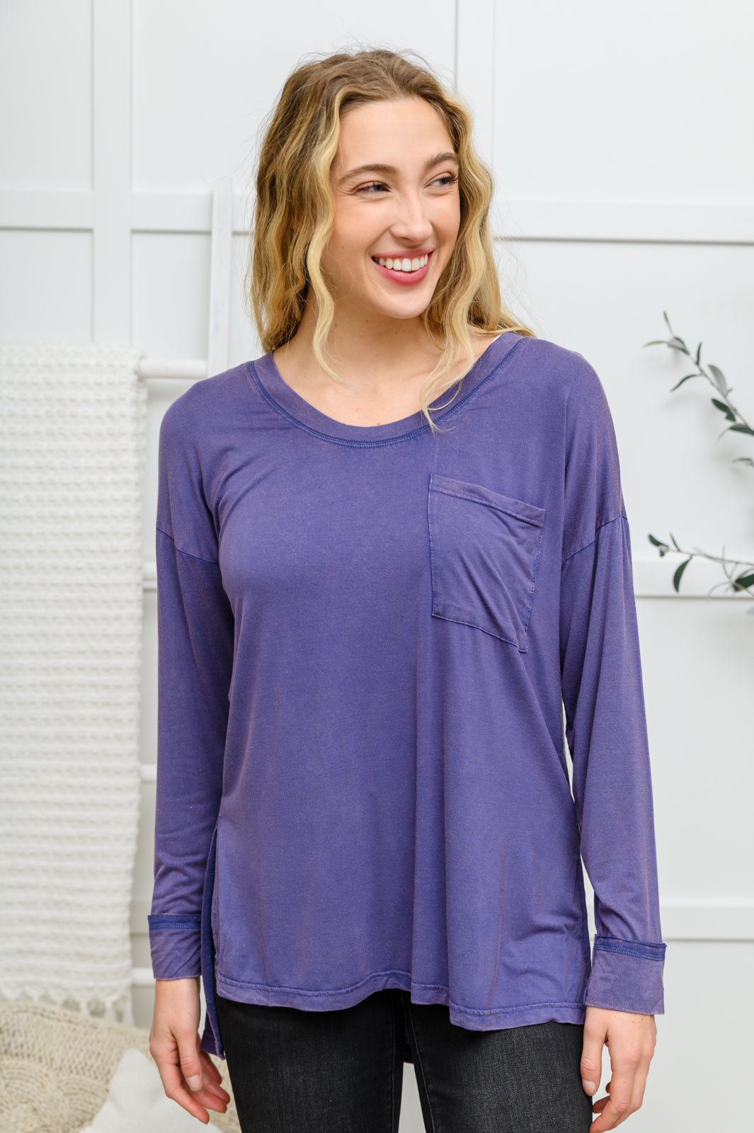 Long Sleeve Knit Top With Pocket In Denim Blue (Online Exclusive) - Uptown Boutique Ramona