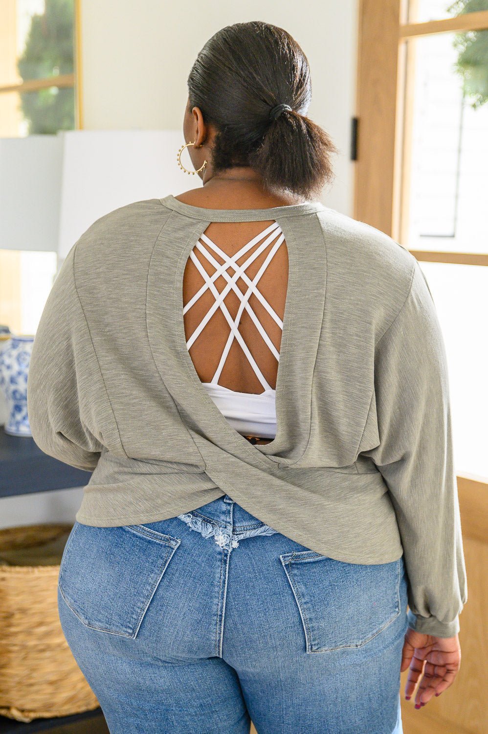 Long Sleeve Solid Knit Open Back Top In Olive (Online Exclusive) - Uptown Boutique Ramona