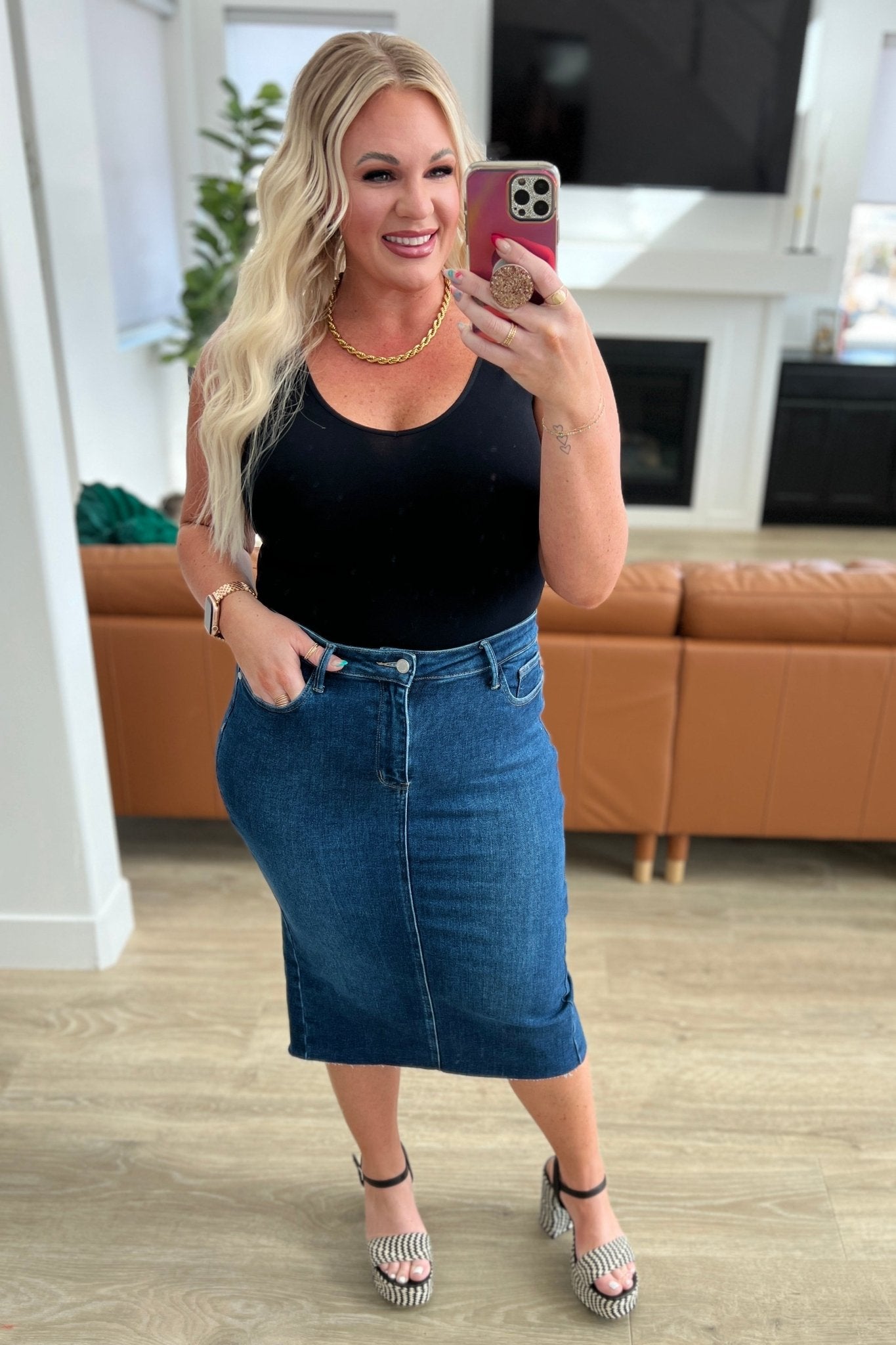 Marcy High Rise Denim Midi Skirt (Online Exclusive) - Uptown Boutique Ramona