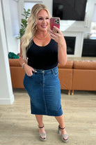 Marcy High Rise Denim Midi Skirt (Online Exclusive) - Uptown Boutique Ramona