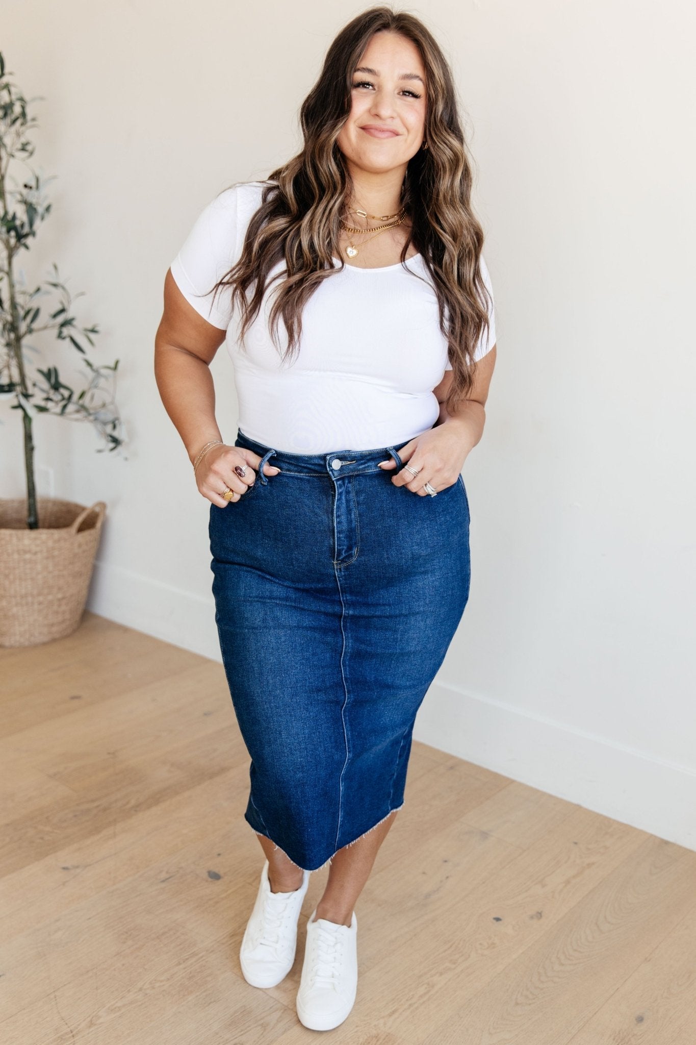 Marcy High Rise Denim Midi Skirt (Online Exclusive) - Uptown Boutique Ramona