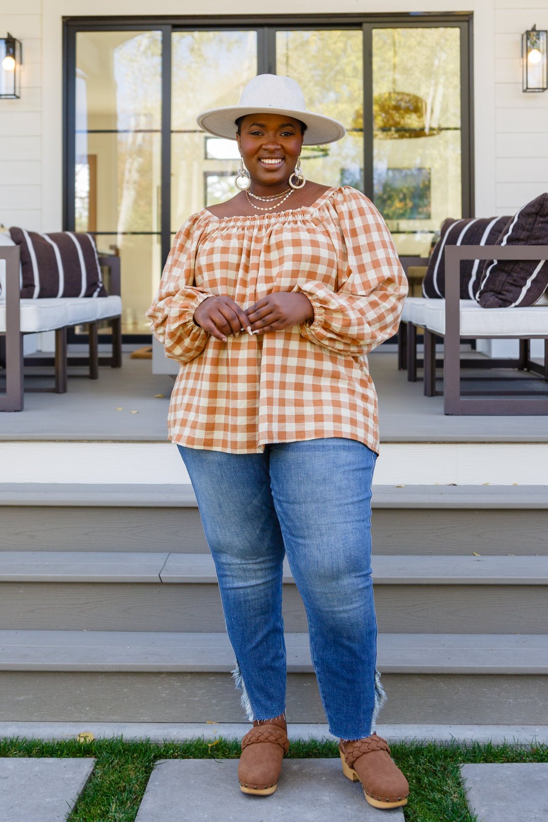 One Fine Afternoon Gingham Plaid Top In Caramel (Online Exclusive) - Uptown Boutique Ramona