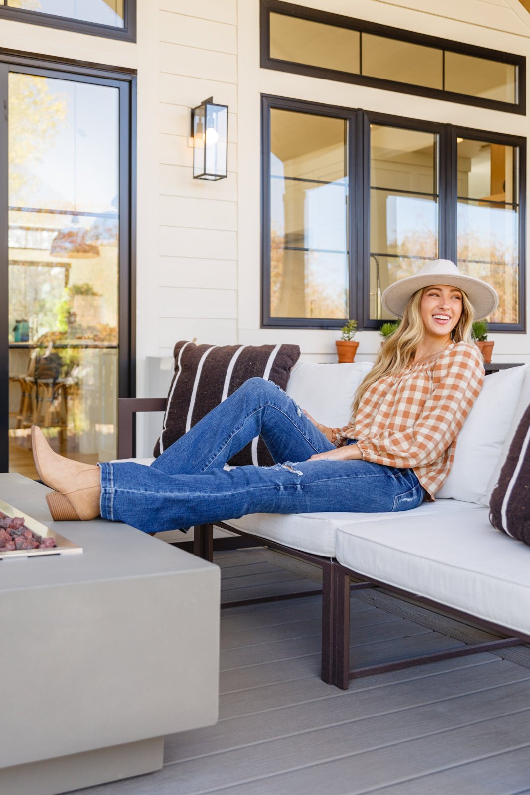 One Fine Afternoon Gingham Plaid Top In Caramel (Online Exclusive) - Uptown Boutique Ramona