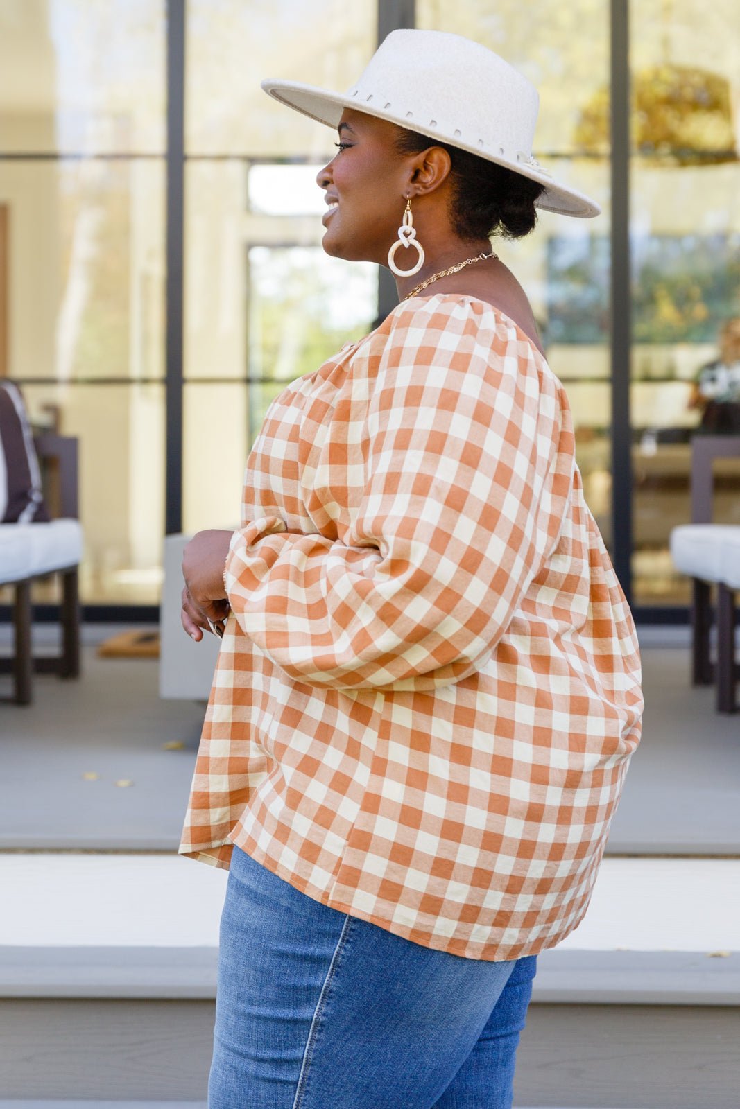 One Fine Afternoon Gingham Plaid Top In Caramel (Online Exclusive) - Uptown Boutique Ramona