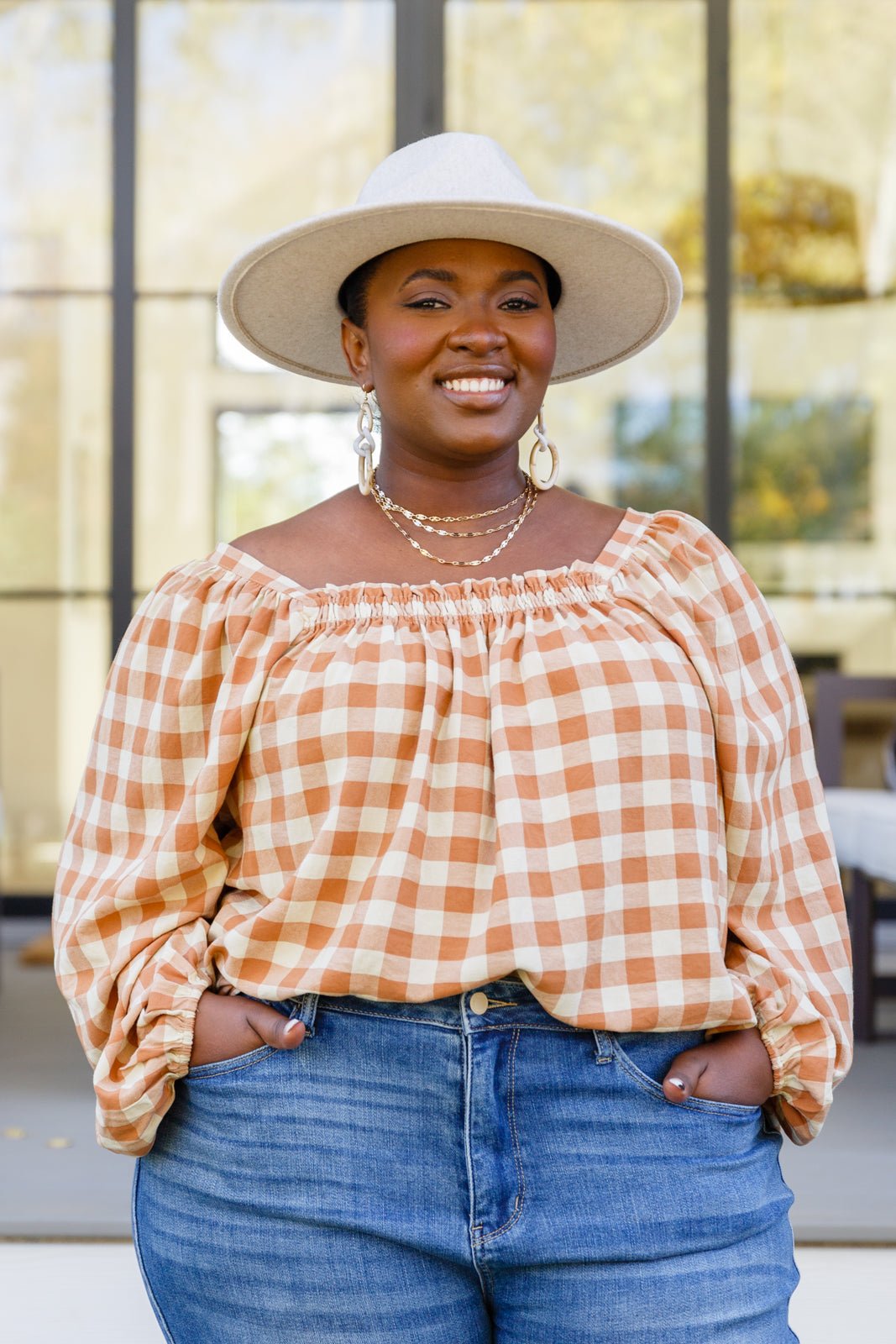 One Fine Afternoon Gingham Plaid Top In Caramel (Online Exclusive) - Uptown Boutique Ramona