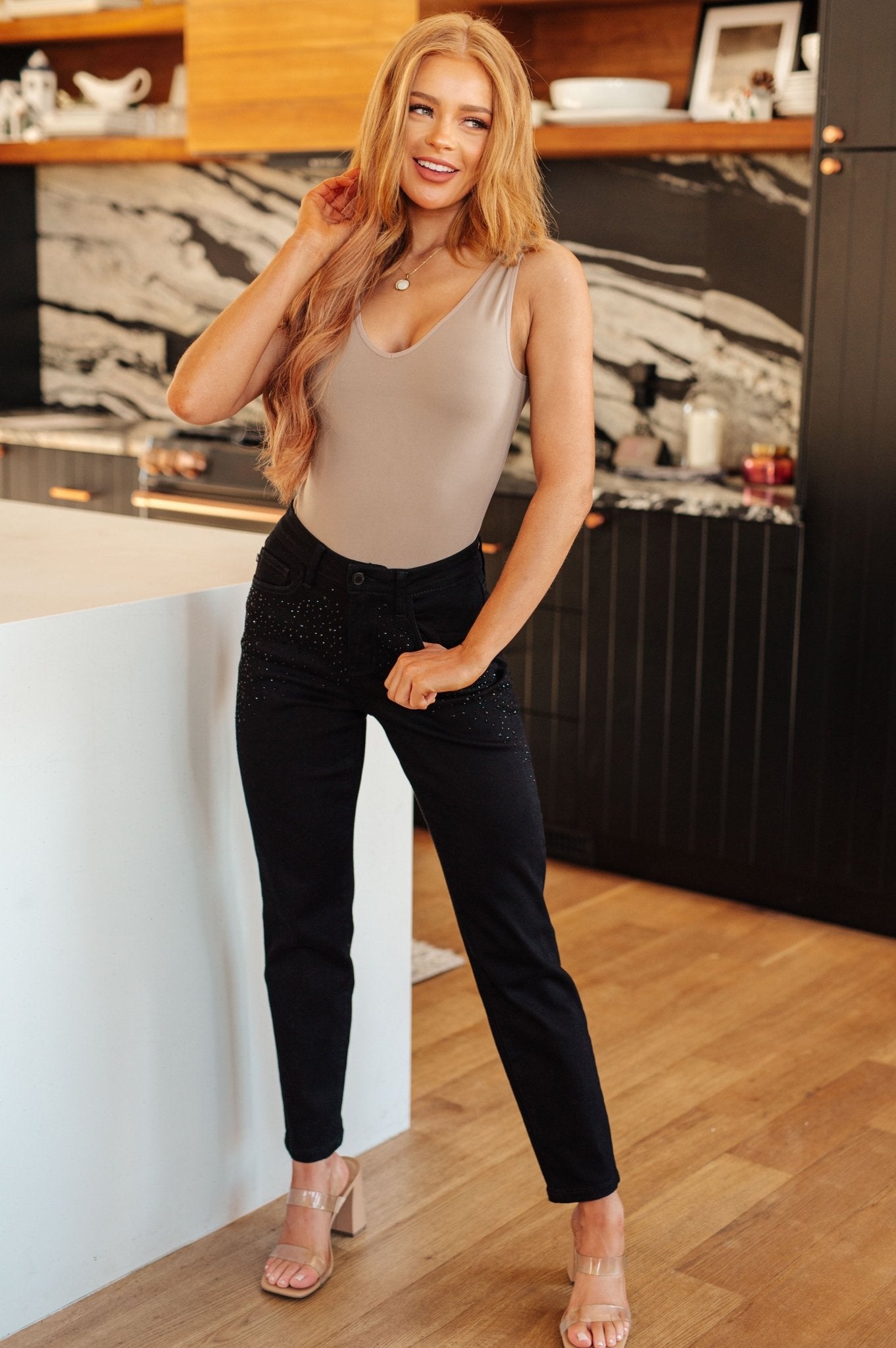Reese Rhinestone Slim Fit Jeans in Black (Online Exclusive) - Uptown Boutique Ramona